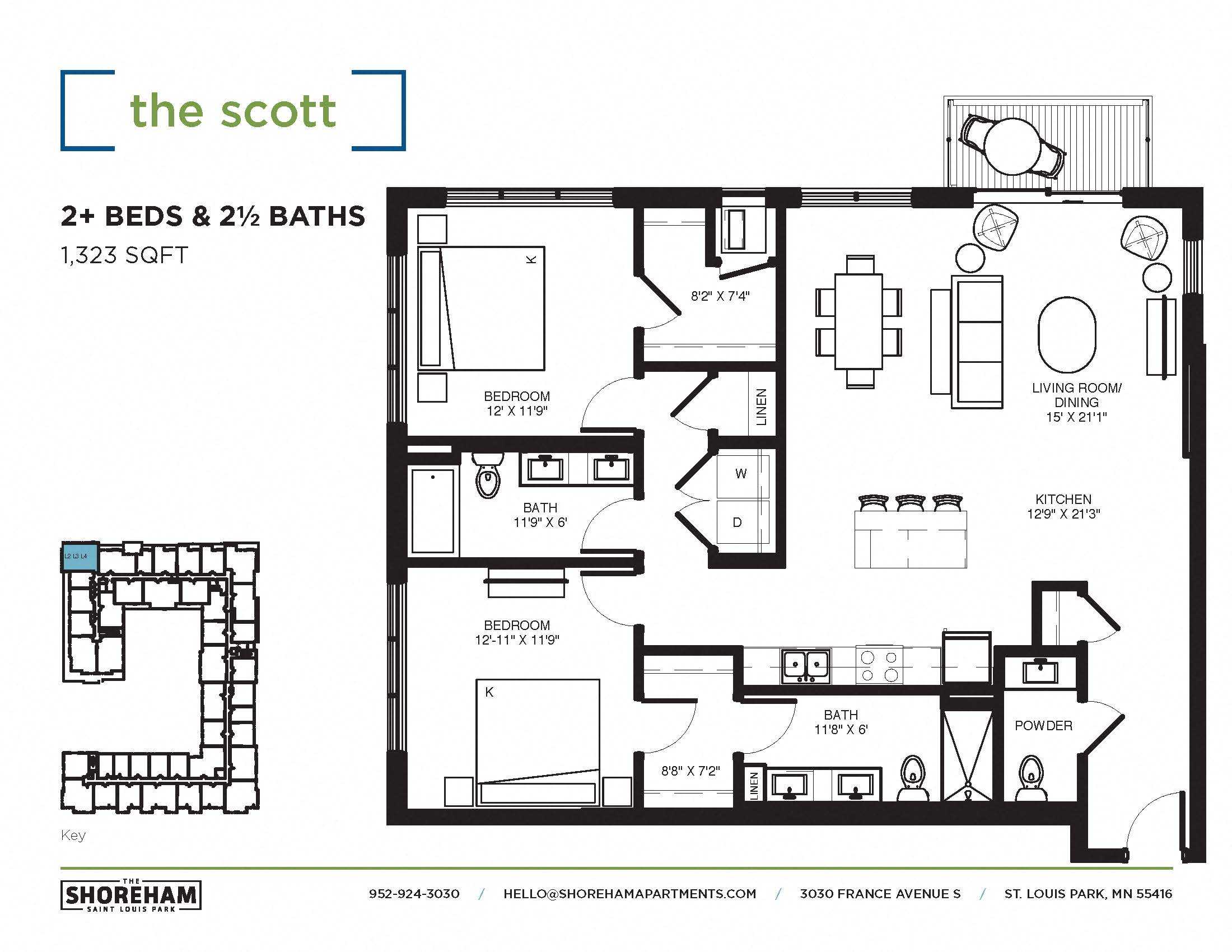 Floor plan for 2 beds, 2.5 baths, 1323 sqft